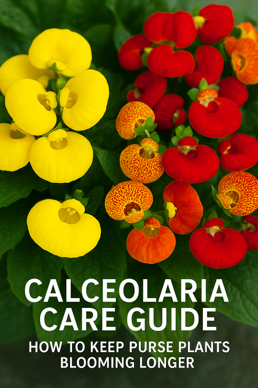 Colorful Calceolaria purse plants in full bloom showing red, yellow, and spotted pouch-shaped flowers with green foliage — perfect for containers and indoor pots.