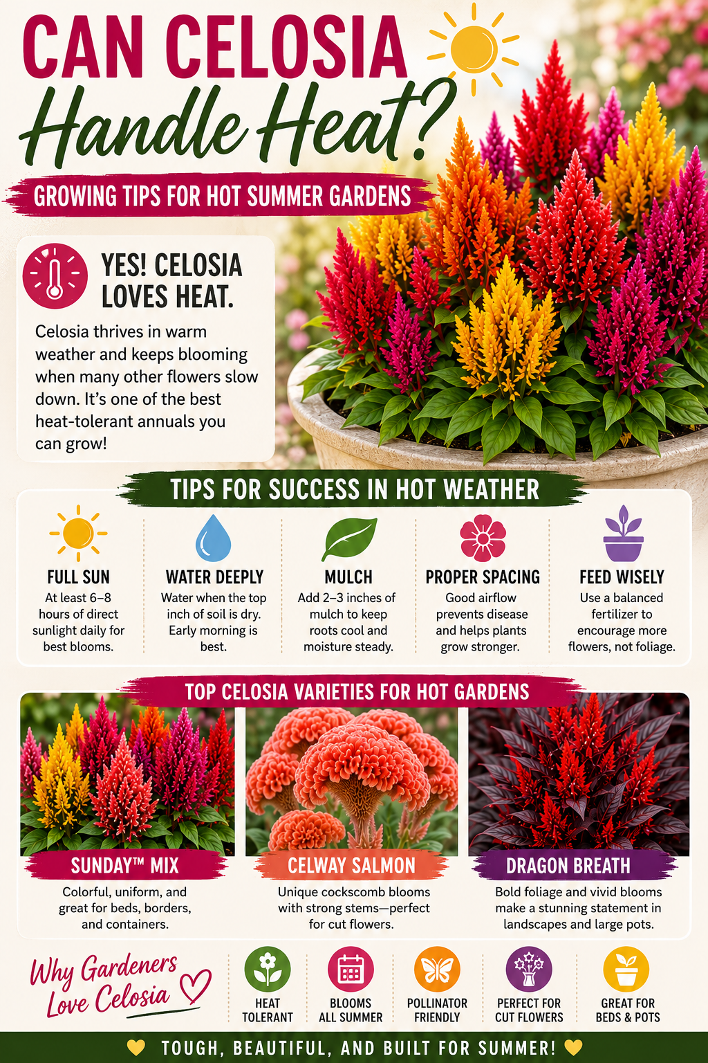 Colorful celosia flowers thriving in a sunny summer garden, demonstrating how heat-tolerant celosia varieties grow with vibrant blooms in hot weather, garden beds, and containers.