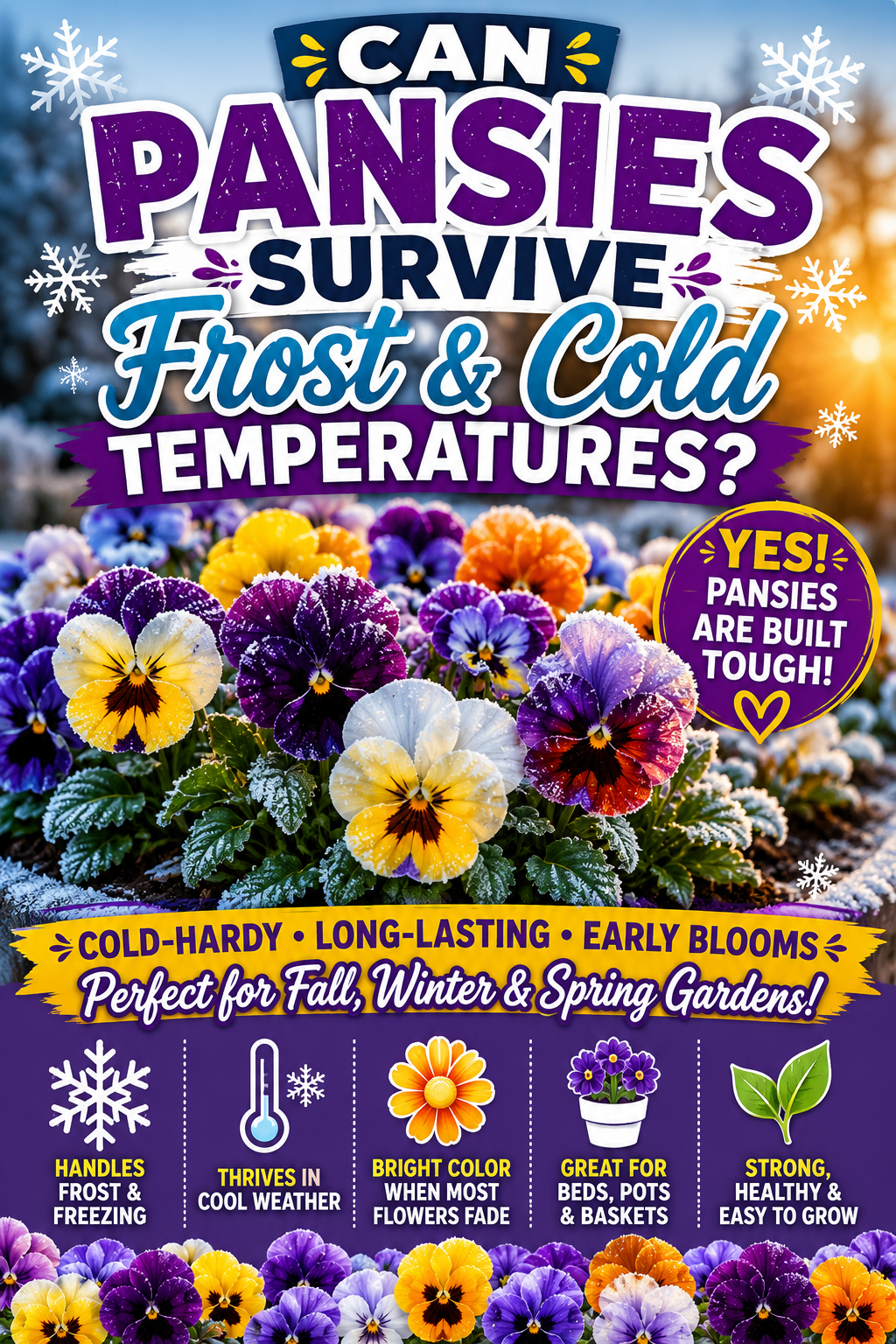 Colorful frost-covered pansy flowers showing how pansies survive frost and cold temperatures while blooming through fall, winter, and early spring.