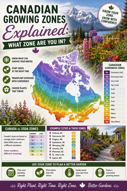 Map of Canadian plant hardiness zones showing growing regions across Canada to help gardeners choose the right plants, start seeds at the proper time, and plan successful gardens.