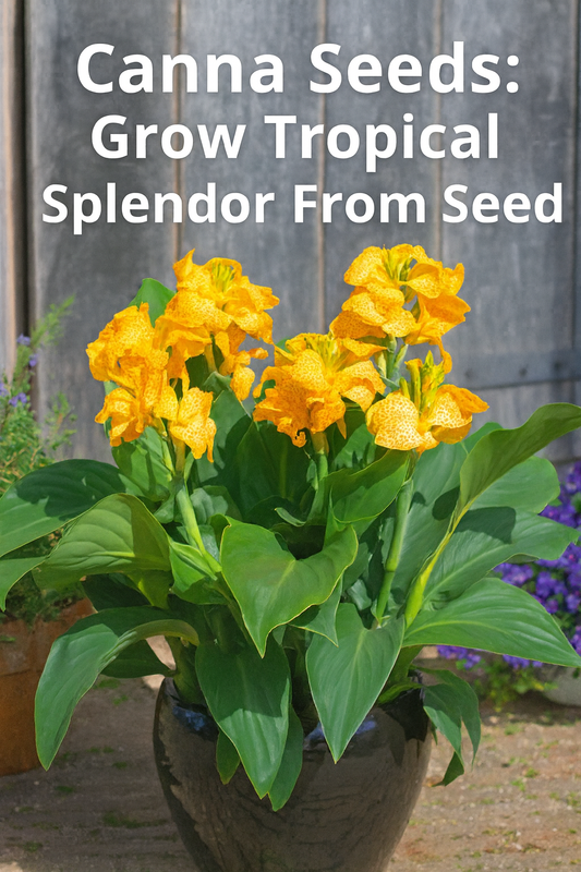 Canna plant with vibrant yellow tropical flowers grown from seed in a container