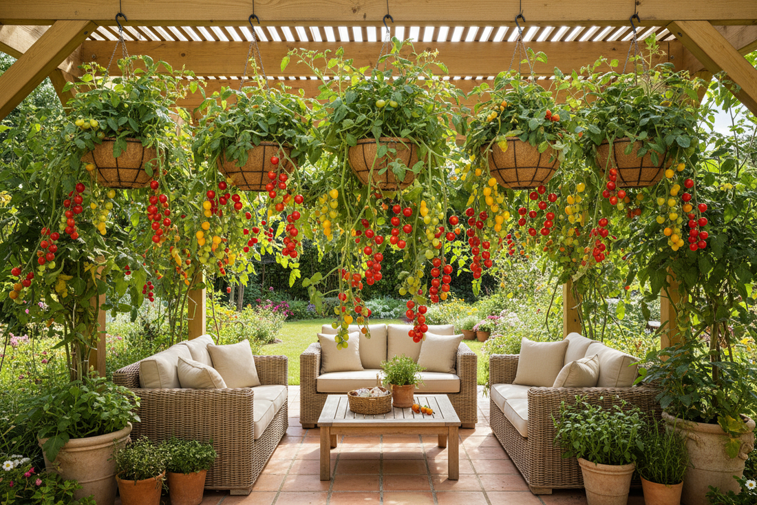 Cascading cherry tomatoes growing in hanging baskets on a sunny patio