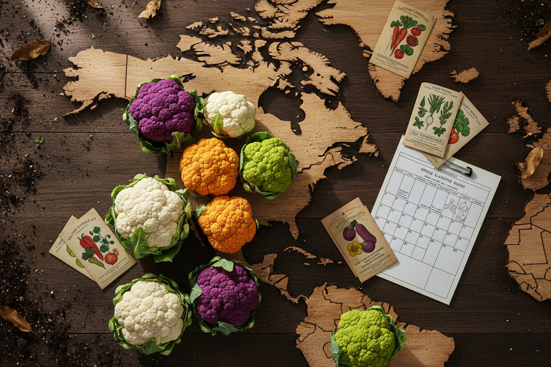 Colorful cauliflower varieties with a planting calendar showing when to plant cauliflower seeds by USDA zone across the US and Canada