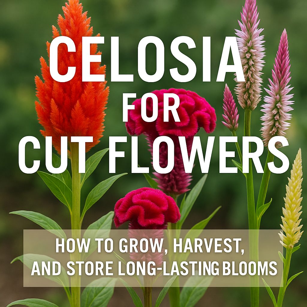 Celosia flowers for cut flower arrangements showing plume, cockscomb, and wheat types in vibrant colors, ideal for growing, harvesting, and drying