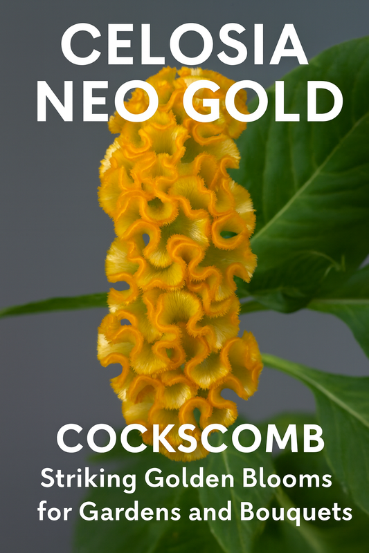 Celosia Neo Gold Cockscomb flower with bright golden-yellow crested bloom and lush green leaves, perfect for gardens and bouquets