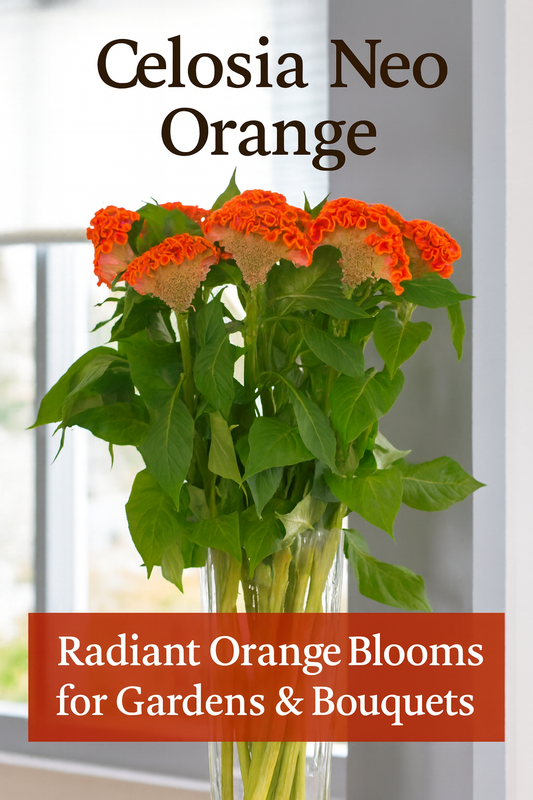 Celosia Neo Orange Cockscomb flowers with radiant orange crested blooms and lush green leaves, perfect for gardens and cut flower arrangements