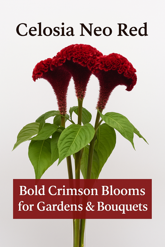 Celosia Neo Red Cockscomb flower with velvety crimson crested bloom and lush green foliage, perfect for gardens and cut flowers