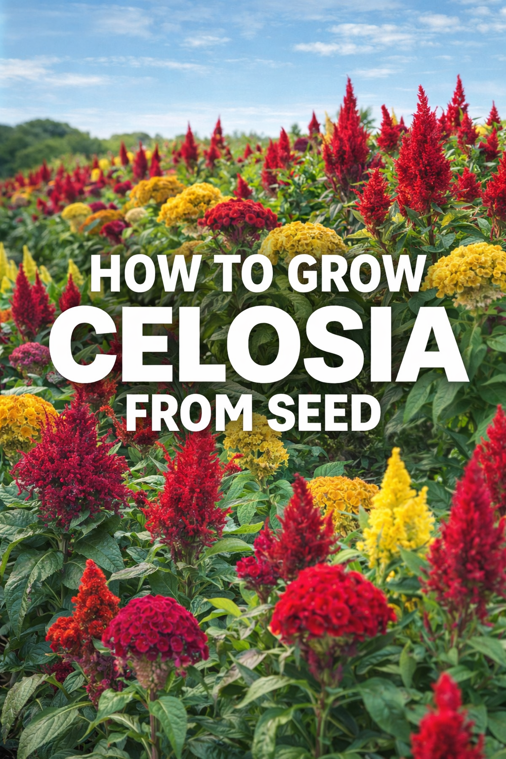 How to grow celosia from seed with vibrant red and yellow celosia flowers growing in a field, celosia seed starting and growing guide