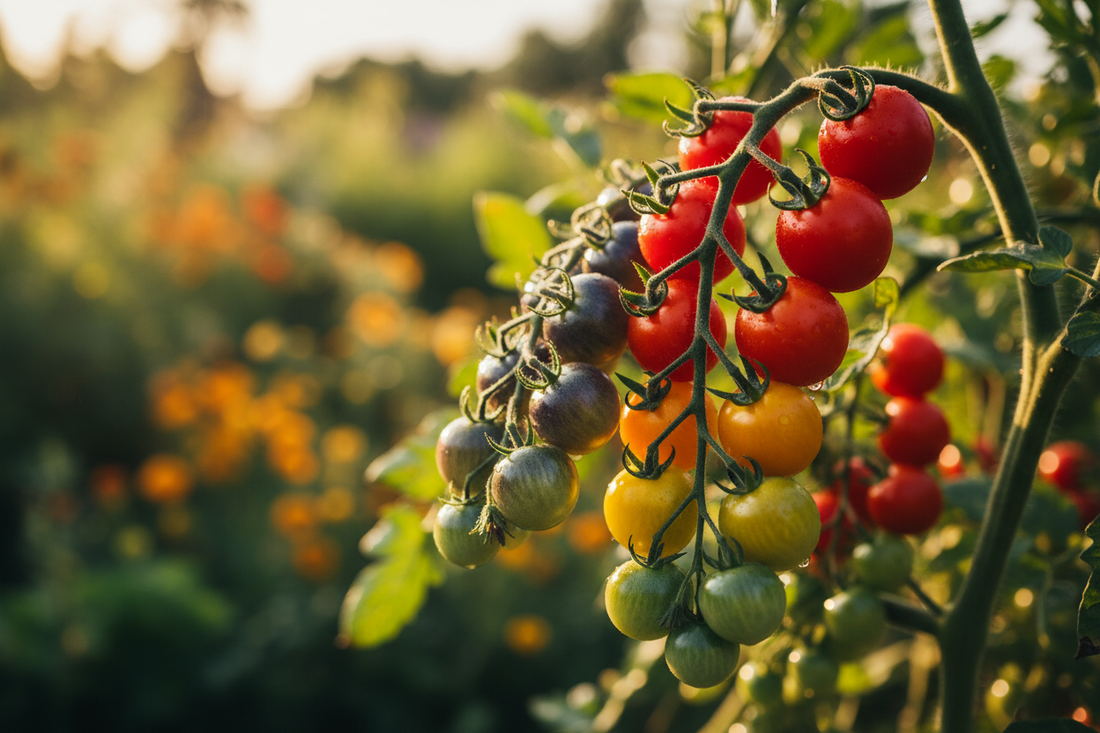 Ripe cherry tomatoes in red, yellow, and purple hanging on the vine — best cherry tomato seed varieties to grow in USA and Canada