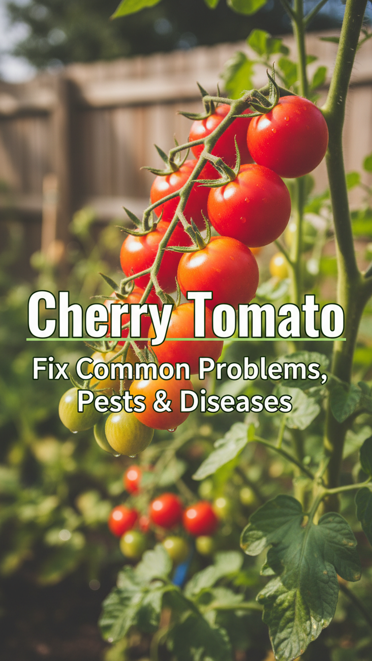 Cherry tomato plant with leaf damage and pests, showing common problems gardeners can fix.