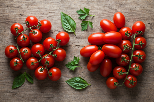 Cherry vs grape tomatoes side by side — fresh garden tomatoes on rustic wood
