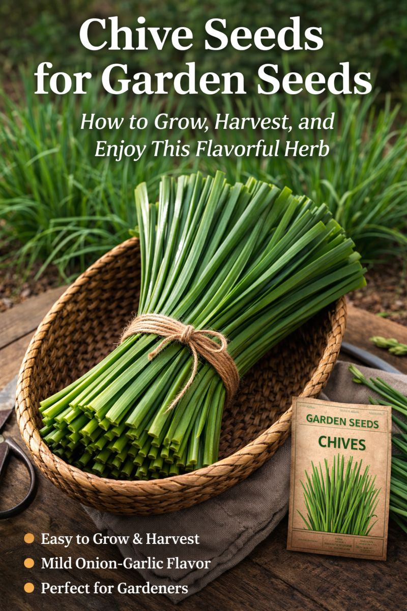 Chive seeds for garden growing with fresh green chives harvested in a basket