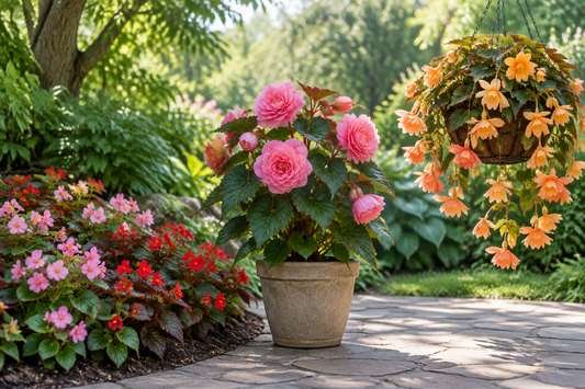 Wax begonias in a garden bed beside an upright tuberous begonia pot and a trailing begonia hanging basket