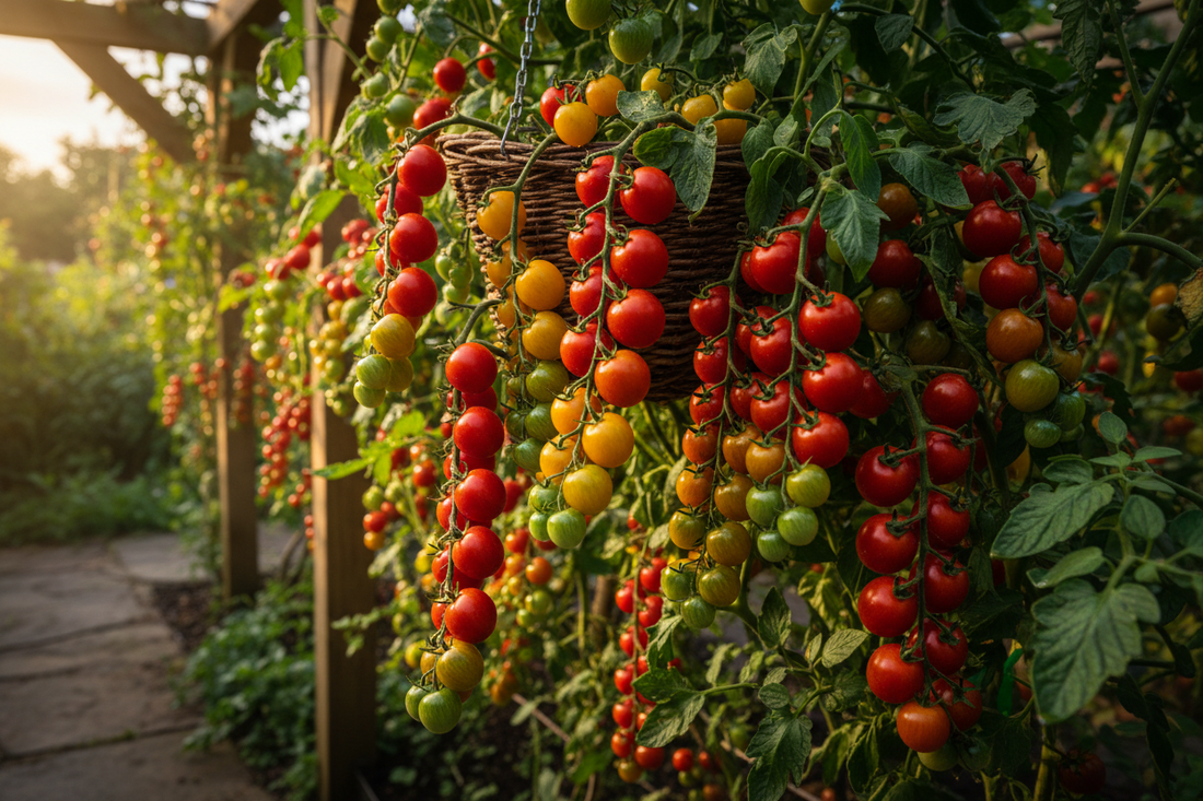 Clusters of ripe cherry tomatoes in red, yellow, and striped varieties growing on garden vines