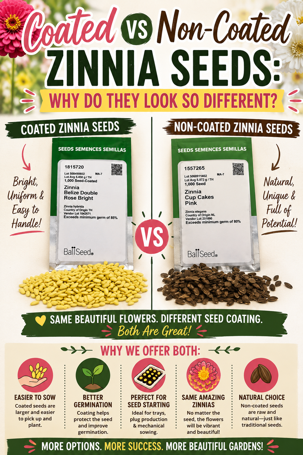 Comparison of coated and non-coated zinnia seeds showing seed appearance, planting benefits, vacuum seeder use, and germination information for gardeners and professional growers