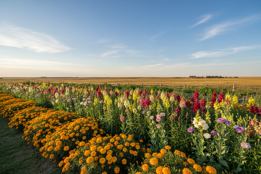 Cold-hardy annual flower garden with marigolds, snapdragons, and lisianthus growing in a Canadian Zone 2-3 prairie setting