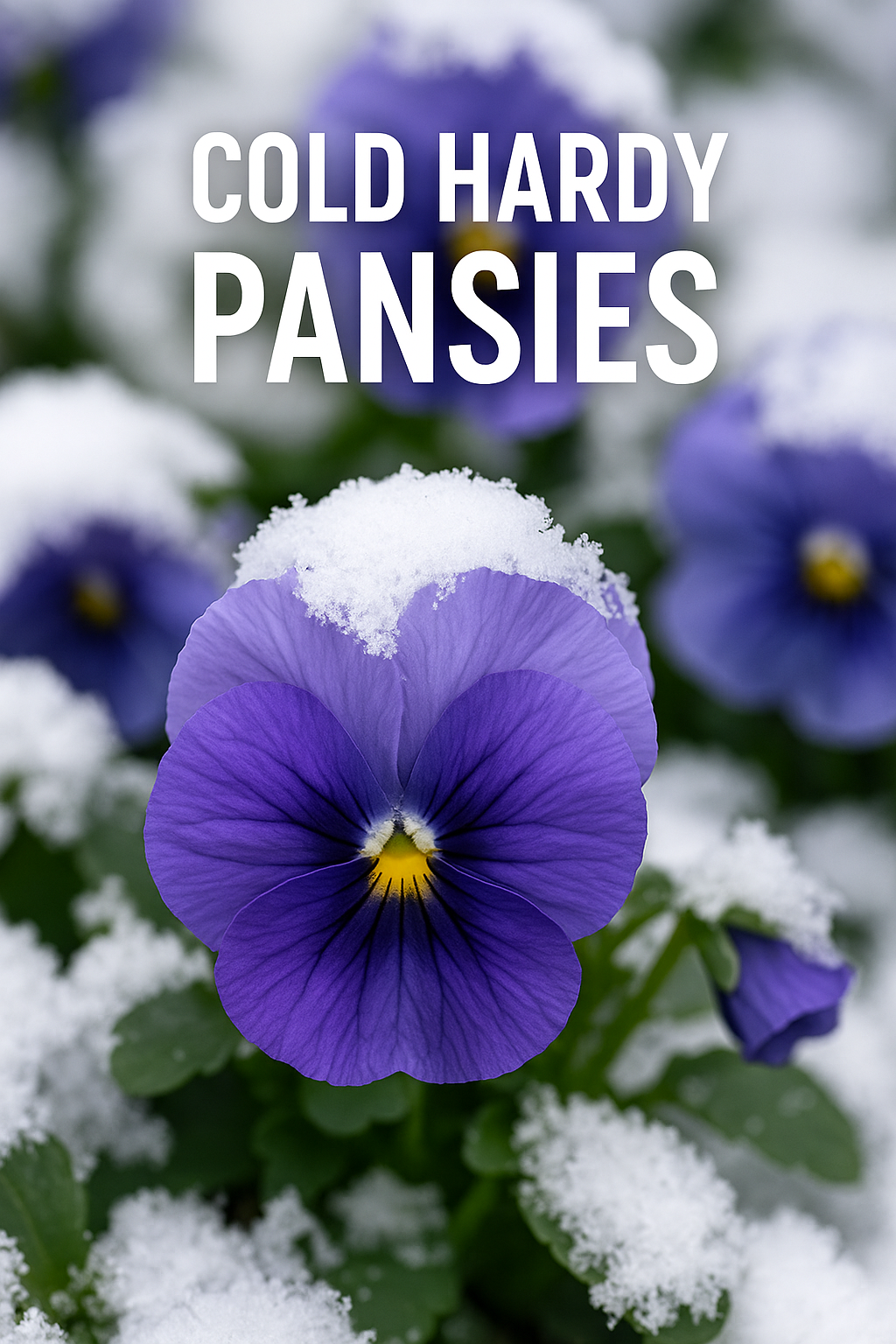 Cold hardy pansies blooming in snow – vibrant purple winter pansy flowers showing their resilience in cold weather, perfect for winter gardening blog