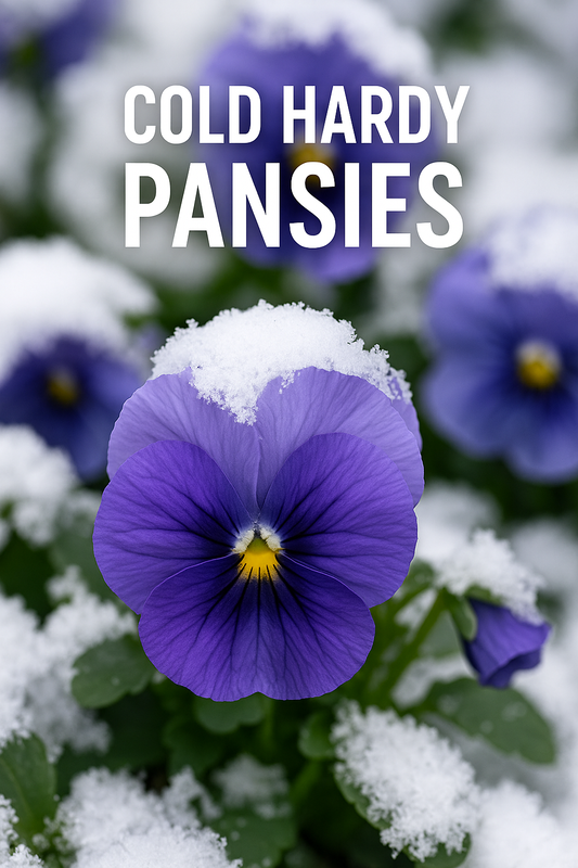Cold hardy pansies blooming in snow – vibrant purple winter pansy flowers showing their resilience in cold weather, perfect for winter gardening blog