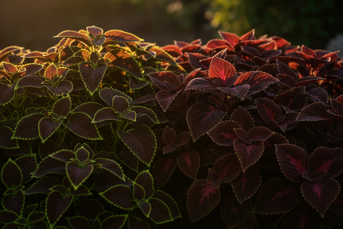 Coleus Chocolate Mint and Chocolate Covered Cherry seeds — rich dark foliage varieties for full sun gardens
