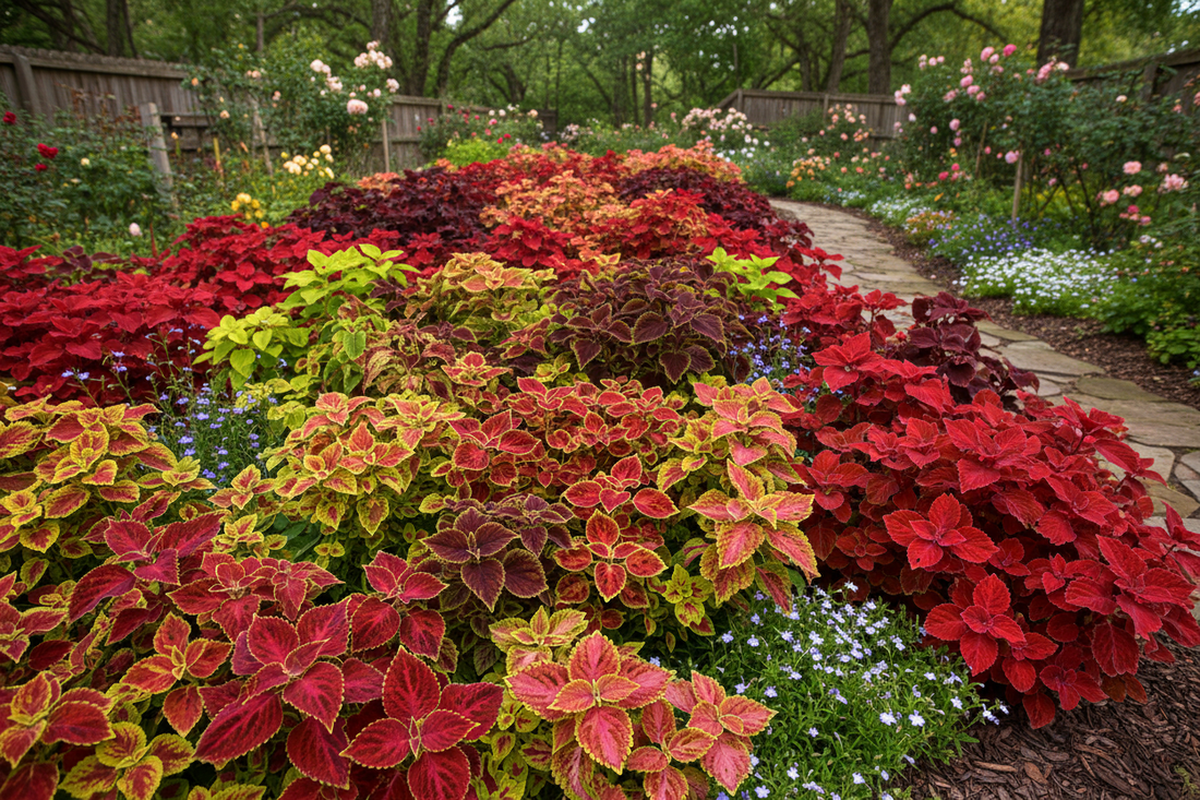 Vibrant coleus plants in red, lime green, chocolate, and rose foliage colors growing in a garden bed