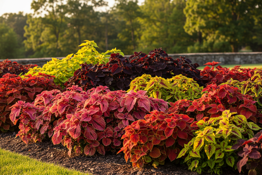 Coleus seeds for full sun — vibrant sun-tolerant coleus varieties growing in a sunny garden border