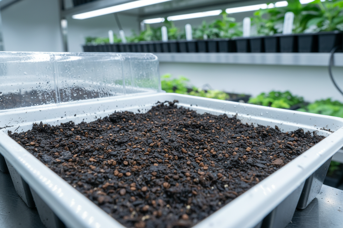 Coleus seeds surface sown on moist seed-starting mix under grow light