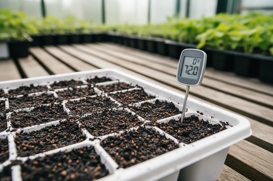 Coleus seeds on moist seed-starting mix with soil thermometer showing ideal germination temperature of 72°F