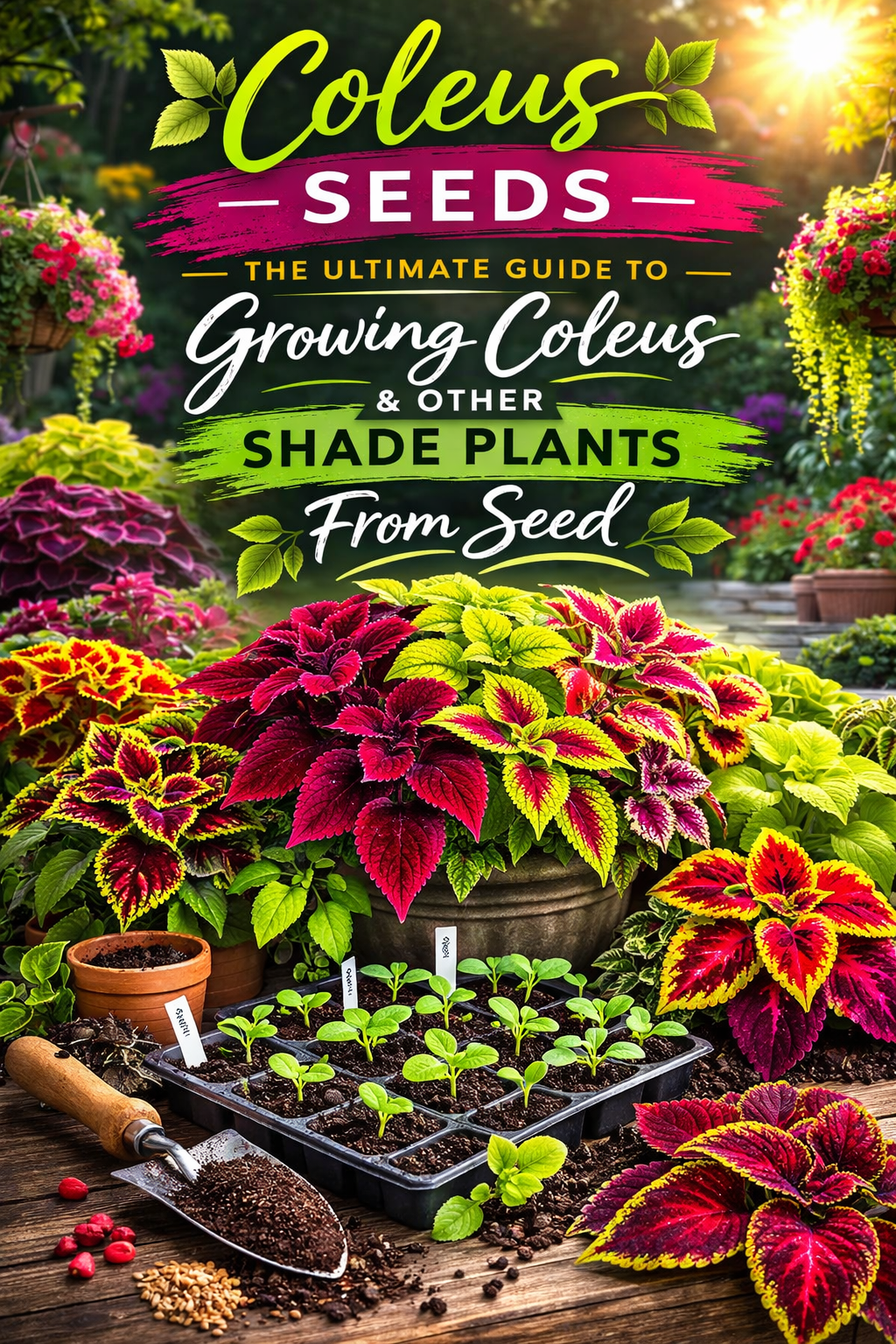 Colorful coleus seedlings growing in trays showing how to grow shade plants from seed successfully
