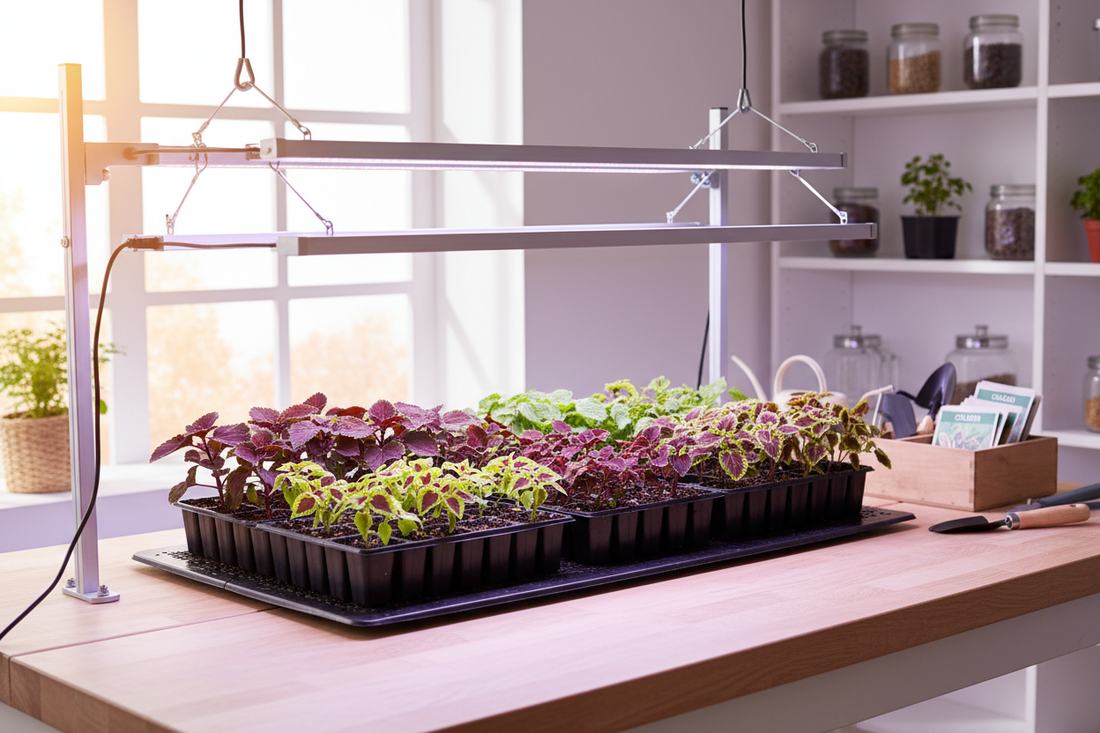 Coleus seedlings growing under grow lights in plug trays on an indoor seed-starting station