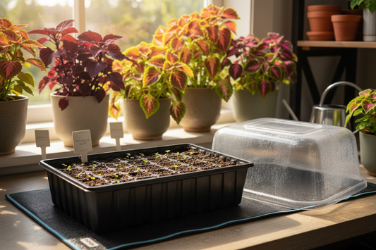 Coleus seedlings emerging in a seed tray on a heat mat with humidity dome