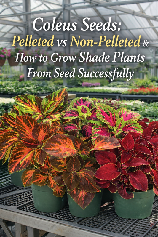 Colorful coleus plants in greenhouse showing foliage varieties grown from pelleted and raw seeds