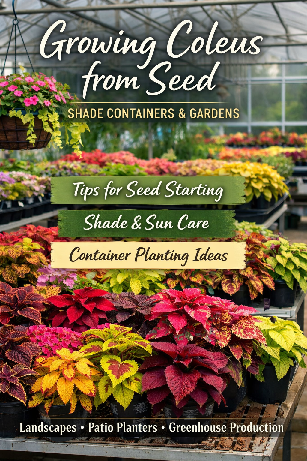 Colorful coleus plants growing in greenhouse trays for shade containers and garden beds