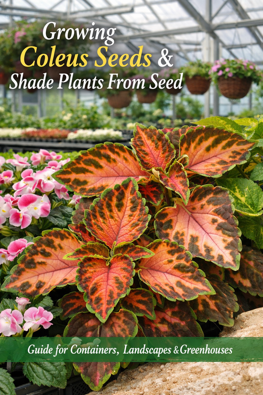 Colorful coleus foliage plants growing in greenhouse containers with companion shade flowers