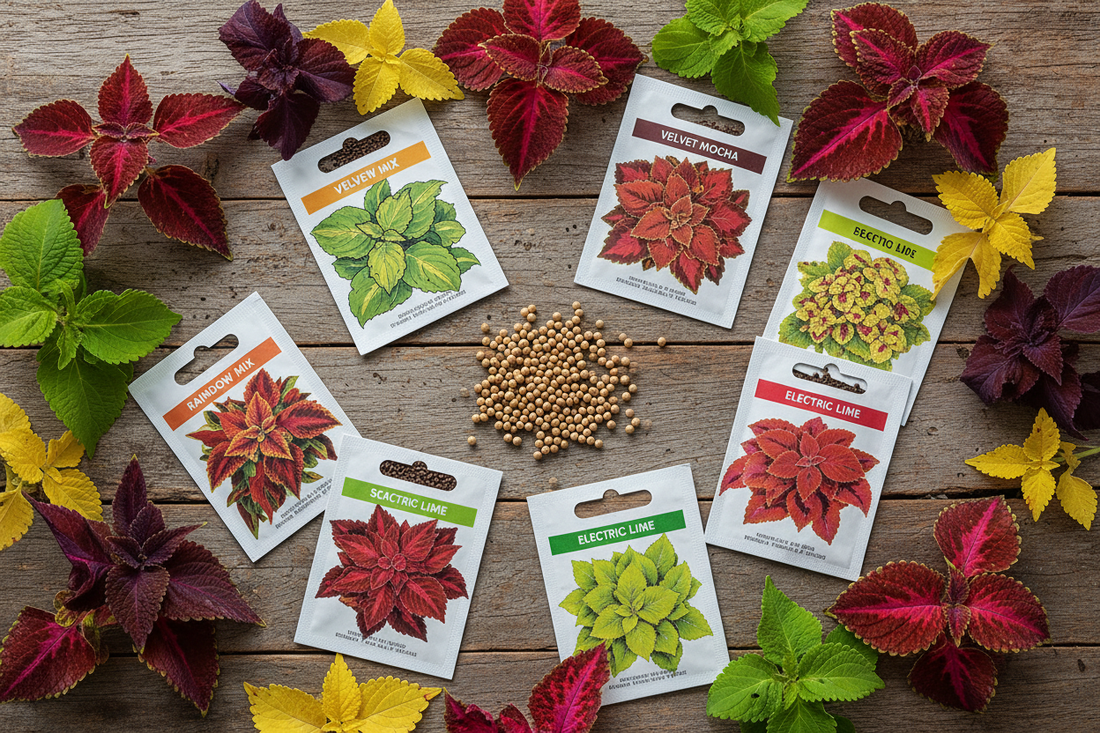 Coleus seed packets and pelleted seeds with colorful coleus leaves — seeds vs cuttings for large-scale growing