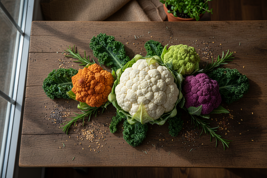 Colorful cauliflower varieties including orange, purple, white, and green heads with vegetable seeds on a rustic wooden surface