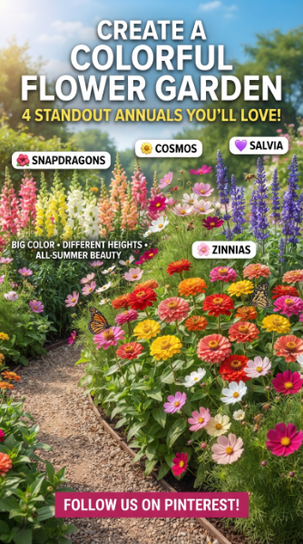 Colorful summer flower garden featuring four standout annuals including zinnias, snapdragons, cosmos, and salvia in full bloom.