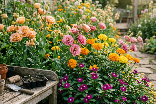 Orange and rose lisianthus, purple vinca, and yellow African marigolds growing in a sunny garden beside a seedling tray