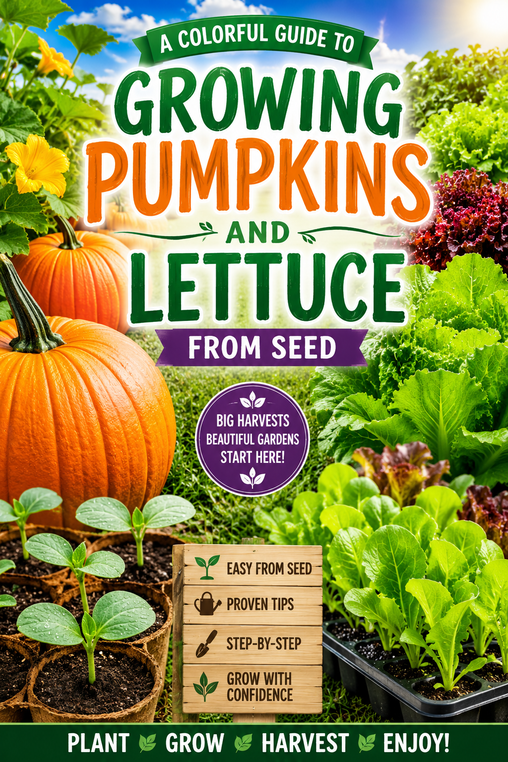 Colorful pumpkins, lettuce, and healthy seedlings growing from seed in a home garden.