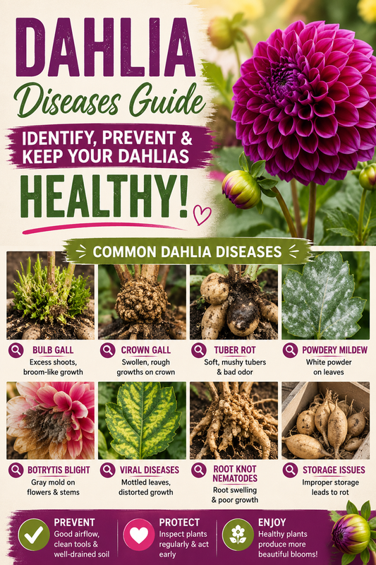 Dahlia disease guide showing bulb gall, crown gall, tuber rot, powdery mildew, and other common dahlia problems with prevention tips.
