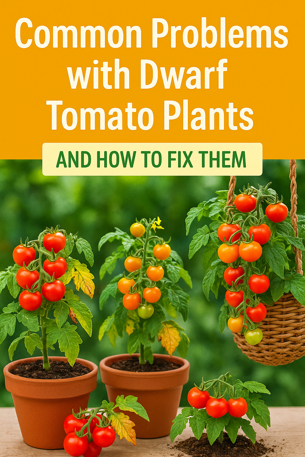 Healthy dwarf tomato plants in pots and hanging baskets with ripe red fruit and yellowing leaves — visual guide showing common tomato plant problems and how to fix them.