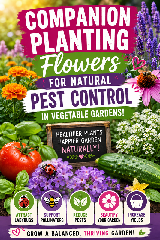 Companion planting flowers growing alongside vegetables to attract pollinators and beneficial insects for natural pest control in a vegetable garden
