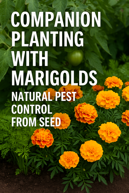 Vibrant marigolds growing beside vegetables with text ‘Companion Planting with Marigolds