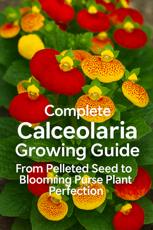 Bright and colorful Calceolaria Purse Plant flowers in shades of red, yellow, and spotted patterns showcasing a complete growing guide from pelleted seed to full bloom