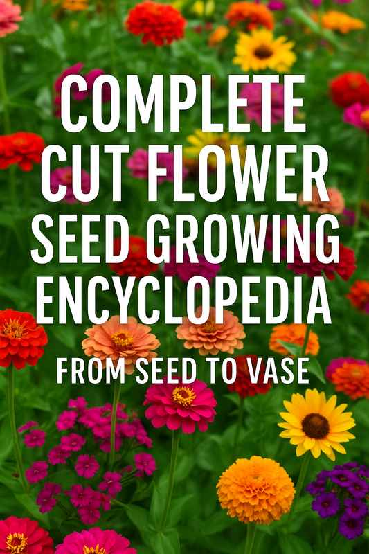 Cut flower seed guide cover with colorful bouquet and text "Complete Cut Flower Seed Growing Encyclopedia