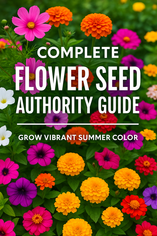 Colorful flower garden with text “Complete Flower Seed Authority Guide.”