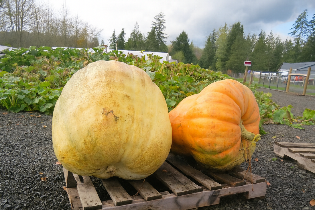 Two giant pumpkins harvested from the garden, showcasing record-size pumpkins grown from giant pumpkin seeds with step-by-step growing methods