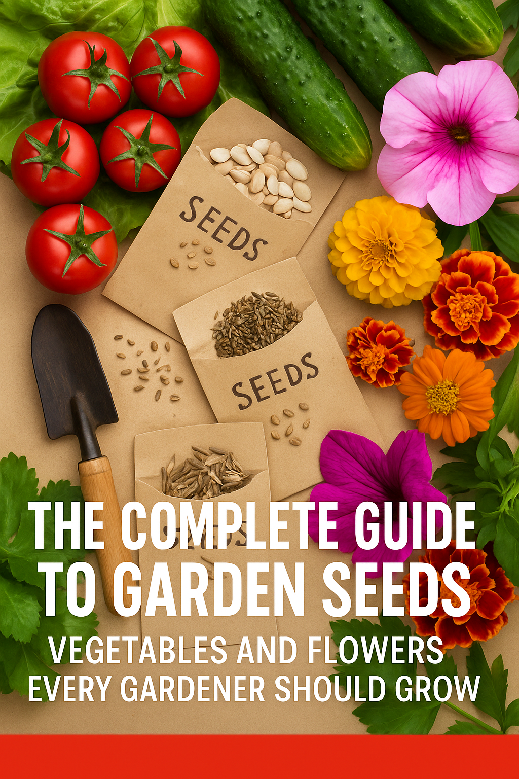 Flat lay of garden seeds with tomatoes, cucumbers, petunias, lettuce, radishes, zinnias, and marigolds arranged with gardening tools, promoting a complete guide to garden seeds
