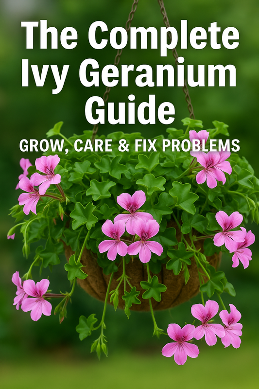 Hanging basket of pink ivy geraniums with grow and care guide overlay