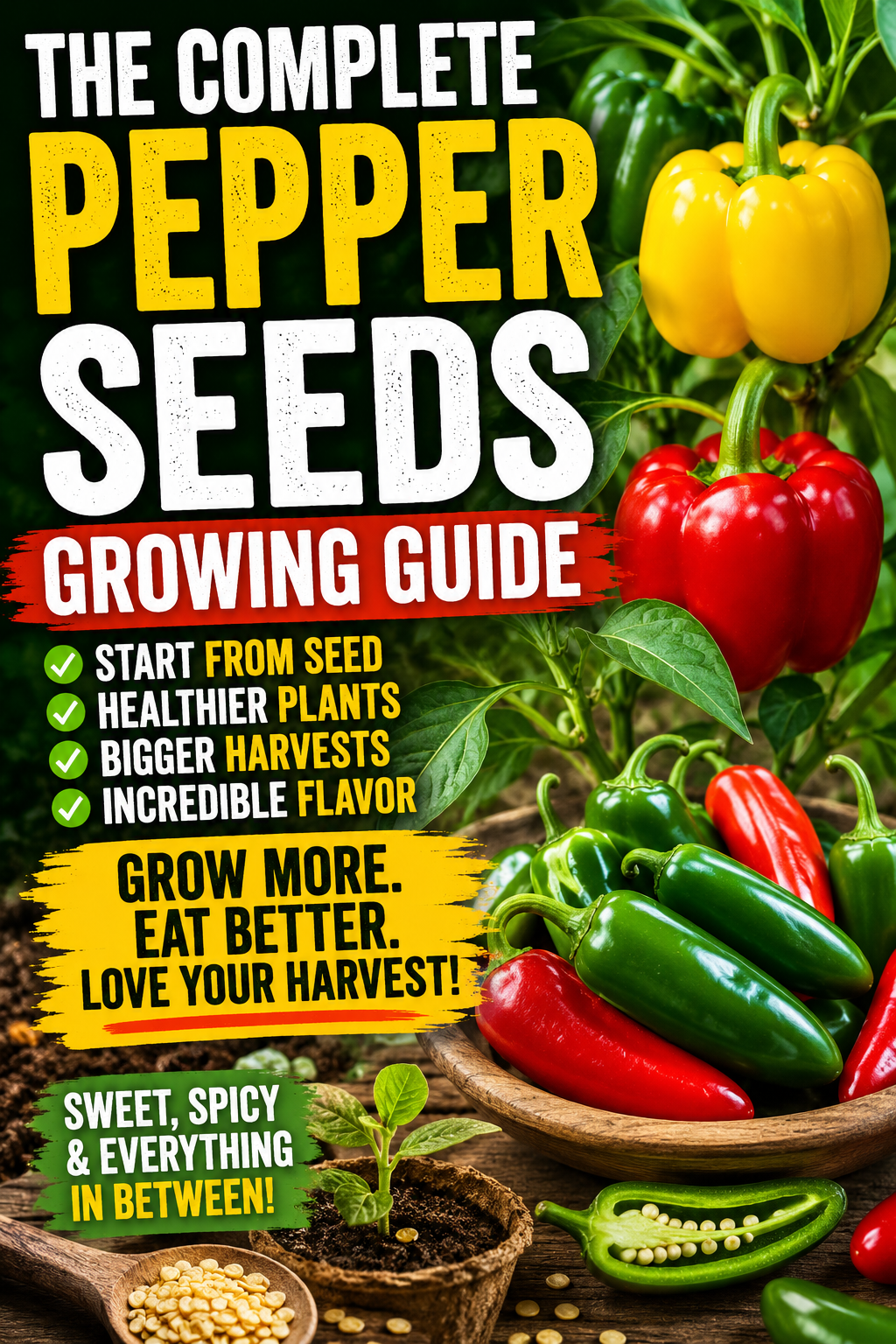 Colorful bell peppers, jalapeños, and pepper seedlings illustrating a complete pepper seeds growing guide with tips for successful germination, healthy plants, and bigger harvests in home gardens and containers.