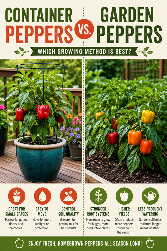 Container peppers vs garden peppers comparison showing healthy pepper plants growing in patio containers and raised garden beds to help gardeners choose the best growing method.